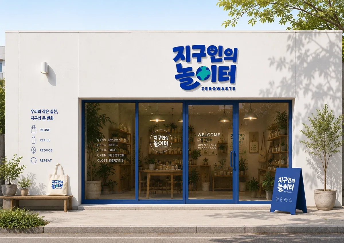 협동조합 지구인의 놀이터의 로고와 그래픽을 적용한 공간 · AI 활용 콘셉트 이미지